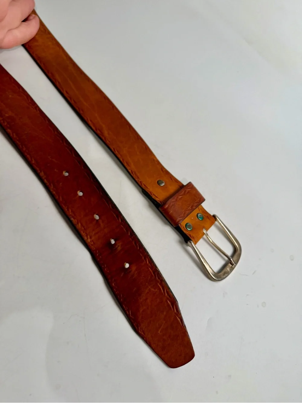 VTG Devonshire 34 1.5” Moccasin Elk Leather Belt Top Grain Silver Brass Buckle